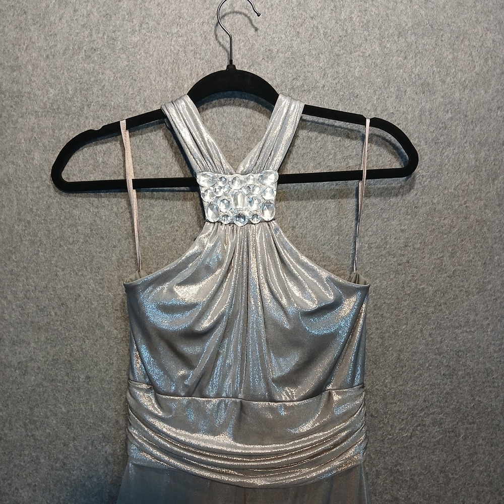 White House Black Market sz2 maxi formal metallic dress glam prom silver halter